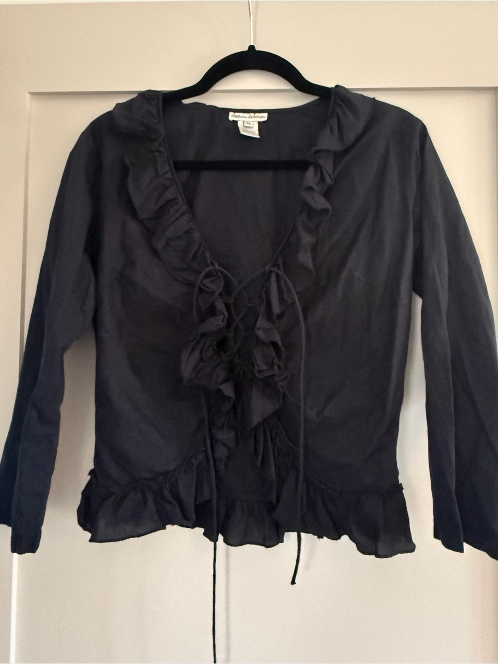 Vintage 90s Dean Alan - Medium Black Ruffle Tie-Front Top